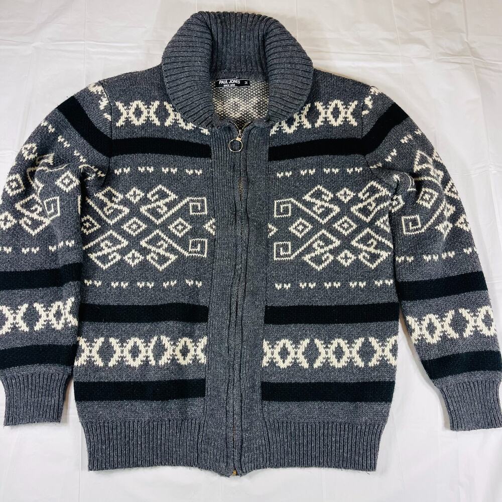 Paul Jones Men’s Curling Sweater Zip Up Shawl Collar Gray Geometric Knit Cardiga